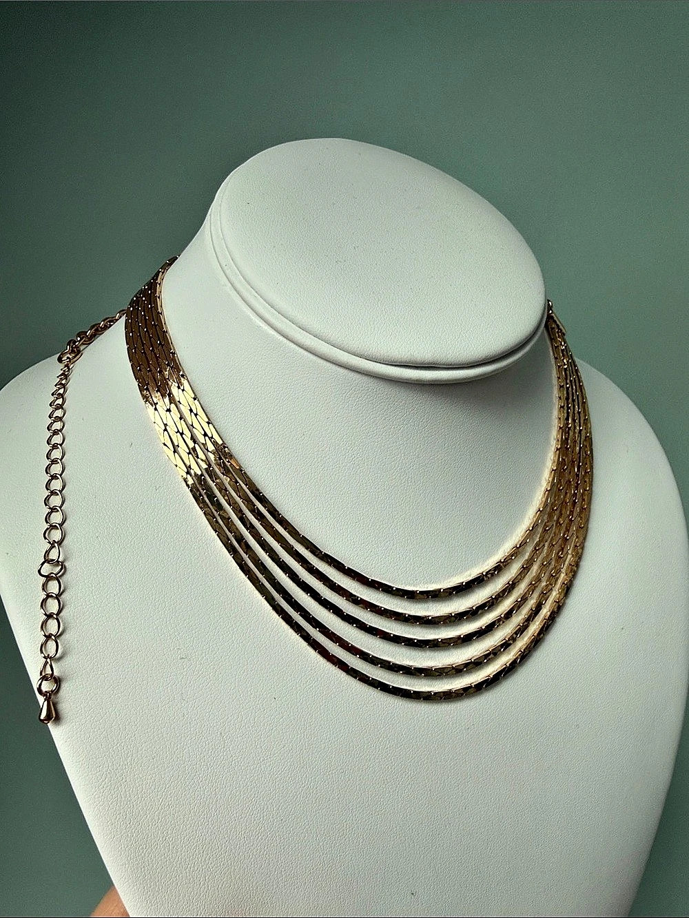 Gold Tone 5 Strand Herringbone Chain Statement Necklace Adjustable